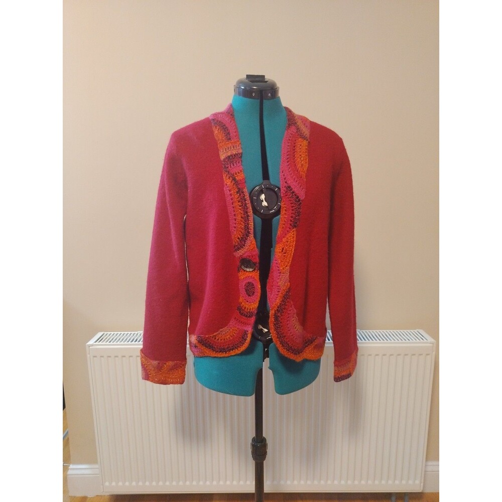 Northern Isles Dark Pink 100% Wool RabbitHair Cardigan Sweater Crochet Trim Sz S